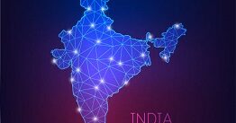 Futuristic glowing low polygonal India map silhouette made of lines, dots, star, triangles isolated on dark blue to purple gradient background. Modern design vector illustration.